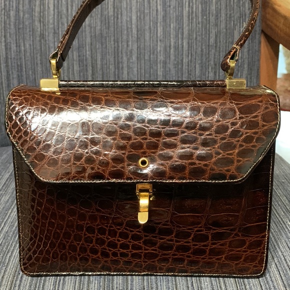 Saks 5th Avenue Crocodile/Alligator Handbag Dark Brown EUC 8” x 6” x 3” - Picture 6 of 10
